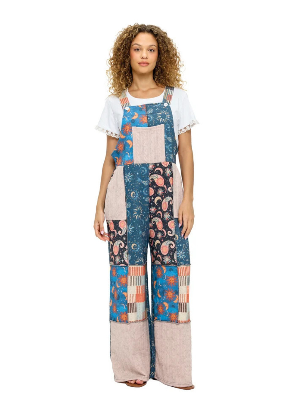 26821 | Yak & Yeti Whimsical Celestial Print Patchwork Overalls | Sizes S/M-L/XL